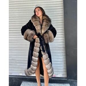 Black Alcantara Real Fox Fur Coat Long Luxury Real Fur Collar Cuffs Women NWT